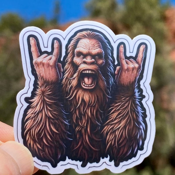 Bigfoot Sticker, Rock star, Bigfoot, rock horns, 80s music, Music lover, Heavy Metal, Hair Metal, Hair Band, Rock On, rocker, horns, sticker