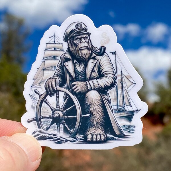 Bigfoot Sea Captain Sticker, Sailor, Ship Captain, Seafairing, Ocean, Ship, Navy, Bigfoot, decal, Vintage, Sailing, ships wheel, Nautical