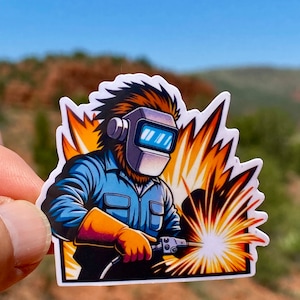 May include: A cartoon illustration of a welder wearing a blue jumpsuit and a welding mask. The welder is holding a welding torch and sparks are flying from the torch. The background is a yellow and orange burst of light.