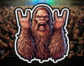 Bigfoot Sticker, Rock star, Bigfoot, rock horns, 80s music, Music lover, Heavy Metal, Hair Metal, Hair Band, Rock On, rocker, horns, sticker