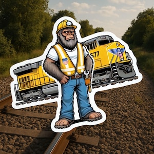 Bigfoot Railroad Worker Sticker: Vinyl Train Decal