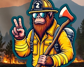 Bigfoot Wildland Firefighter giving peace sign Sticker, firefighter, bunker gear, Wildland, Bigfoot Firefighter, hero, sticker, fire, peace