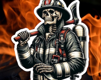 Skeleton Firefighter Sticker, firefighter, bunker gear, fireman, ax, mustache, fire department, hero, firehouse, sticker, fire, flames,decal