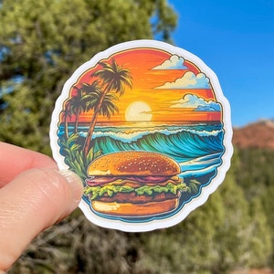 Paradise and a cheeseburger sticker, Jimmy Buffett tribute, cheeseburger in paradise, sticker, vinyl sticker tropical, beach, parrot head