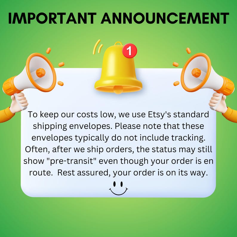 May include: An announcement graphic with the text "IMPORTANT ANNOUNCEMENT". The image features a yellow bell with a red notification, two megaphones, and a speech bubble with text about shipping. The background is green.