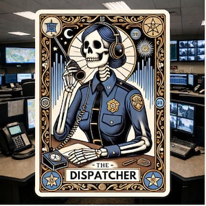 Tarot Card inspired Skeleton Dispatcher Sticker, Dispatcher, communications, dispatch, tarot card, 911 dispatcher, 911, sticker,fire,psychic