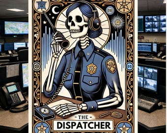 Pegatina de operador de emergencias con esqueleto inspirada en las cartas del tarot, operador, comunicaciones, despacho, carta del tarot, operador del 911, 911, pegatina, fuego, psíquico