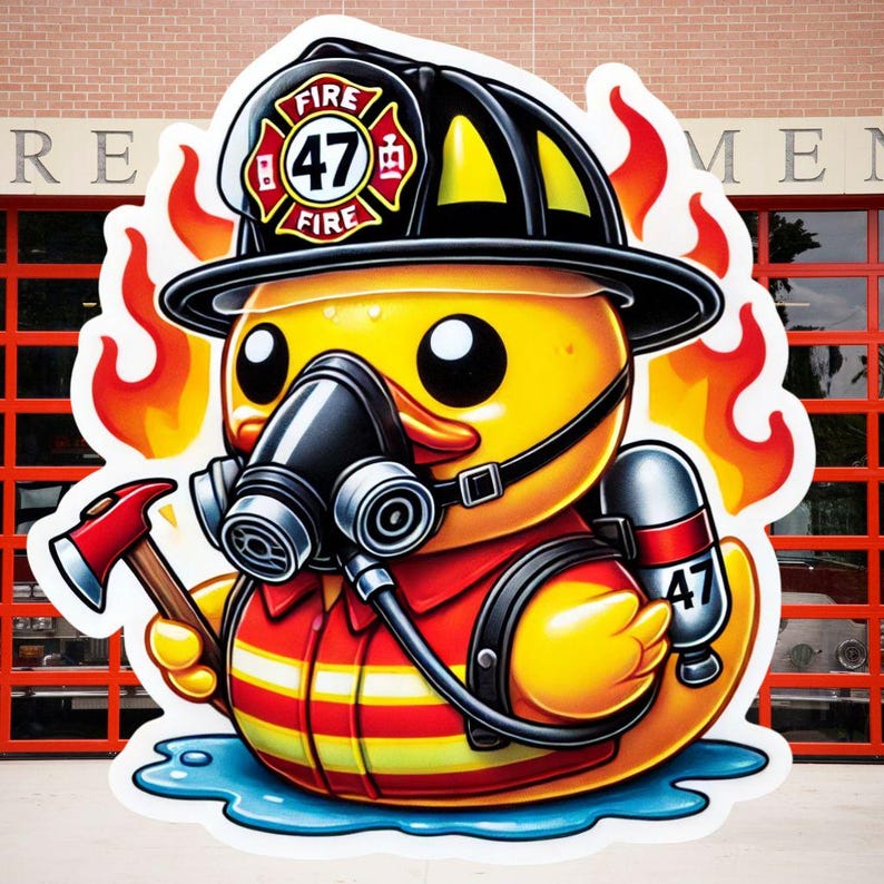 Firefighter Rubber Duck Sticker, firefighter, bunker gear, fireman, ax, rubber duck, fire department, hero, firehouse, sticker, decal, jeep imagem 1