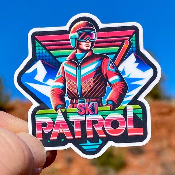 Retro Ski Patrol 80's style sticker, ski patrol, retro, 80s, skiing, 1980 nostalgia ,classic 80s, sticker, ski helmet, mountains,80s sticker