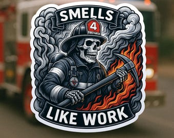 Skeleton Firefighter Smells Like Work Sticker, firefighter, bunker gear, fireman, fire department, smoke, skeleton, sticker, fire, flames