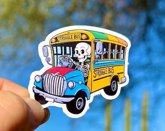 Struggle Bus Sticker: Humorous Skeleton School Bus Vinyl Decal