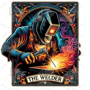 Download digital inspirado em cartas de tarô Soldador esqueleto, soldador, trabalhador de ferro, carta de tarô, soldador, fabricante, máscara de soldagem, arquivo digital, download