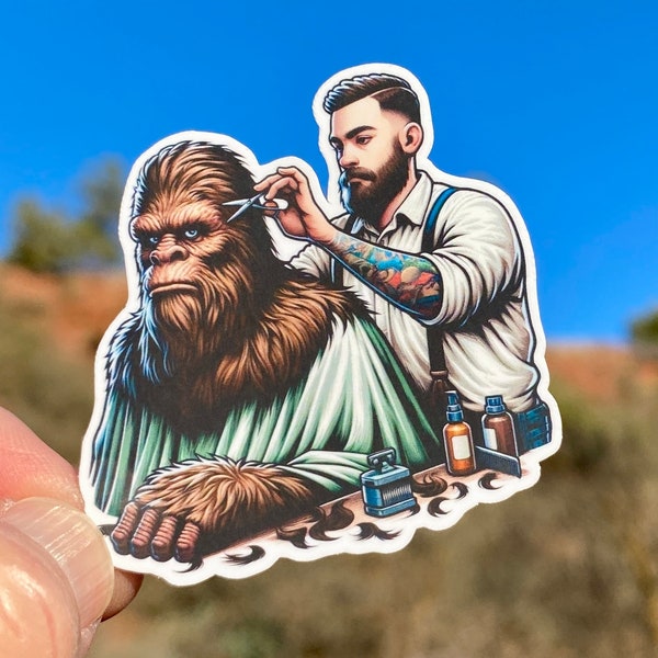 Bigfoot getting a haircut at the Barbershop Sticker, Bigfoot, Barbershop, haircut, Sticker, Decal, Barber,Furry,Sasquatch, grooming, stylist