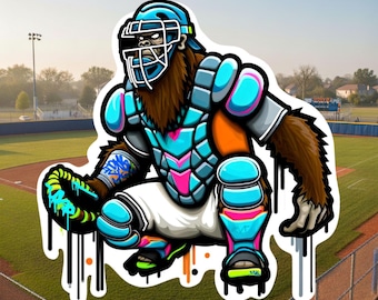 Bigfoot Baseball Catcher Sticker, Catcher, Baseball, Catchers mitt, Bigfoot, little league, sticker, play ball, Sports Sticker,catchers mask