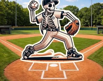 Skeleton Baseball Pitcher Sticker, Baseball, Baseball glove, Skeleton, little league, play ball, home run, Pitcher, Baseball Pitcher, strike