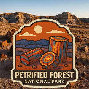 May include: A sticker featuring a stylized illustration of the Petrified Forest National Park. The design includes colorful petrified wood logs against a backdrop of a desert landscape with mountains and a sunset. The text "PETRIFIED FOREST NATIONAL PARK" is at the bottom.