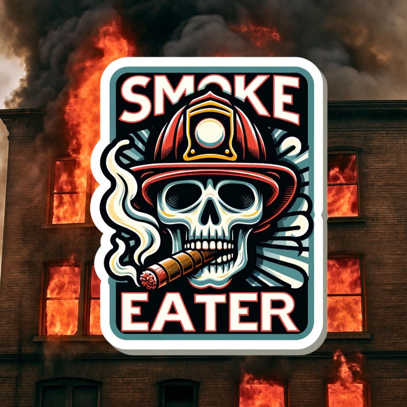 Smoke Eater Firefighter Sticker, firefighter, Fireman Skull, fireman, Skull, smoke eater, fire department, hero, firehouse, sticker, cigar image 1
