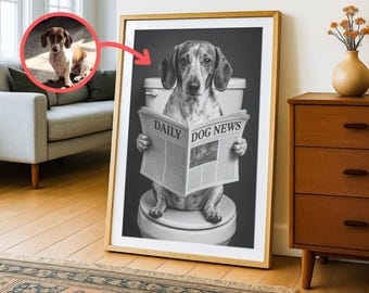 Custom Pet Portrait, Funny Dog on Toilet Reading Newspaper (Digital Download)
