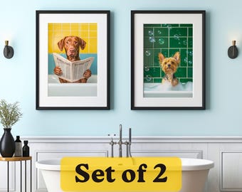 Custom Pet Portrait Bathroom Art Prints, Funny Pet Gift (Set of 2) (Digital Files)