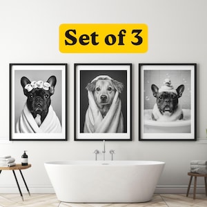 Set of 3 Custom Pet Portraits, Bathroom Wall Art Decor Prints, Dog Bubble bath, Pet in Bathtub, Pet Gifts, Dog Reading Newspaper on Toilet
