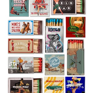 May include: A collection of vintage matchbox labels featuring various bar and restaurant names. The labels are colorful and feature illustrations of people, animals, and objects. The matchboxes are arranged in a grid pattern on a white background.