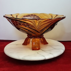 Large Special Three Footed Hand Made Yellow Glass Fruit Bowl with brown inside ornaments and bubble glass sections