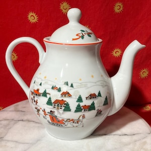 8 options Kopin Fine Porcelain Christmas Tableware: Teapot, Mugs, Bowls, plate teacups