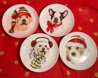 Pier1 Christmas Puppy Plates: Set of Holiday Dessert Plates
