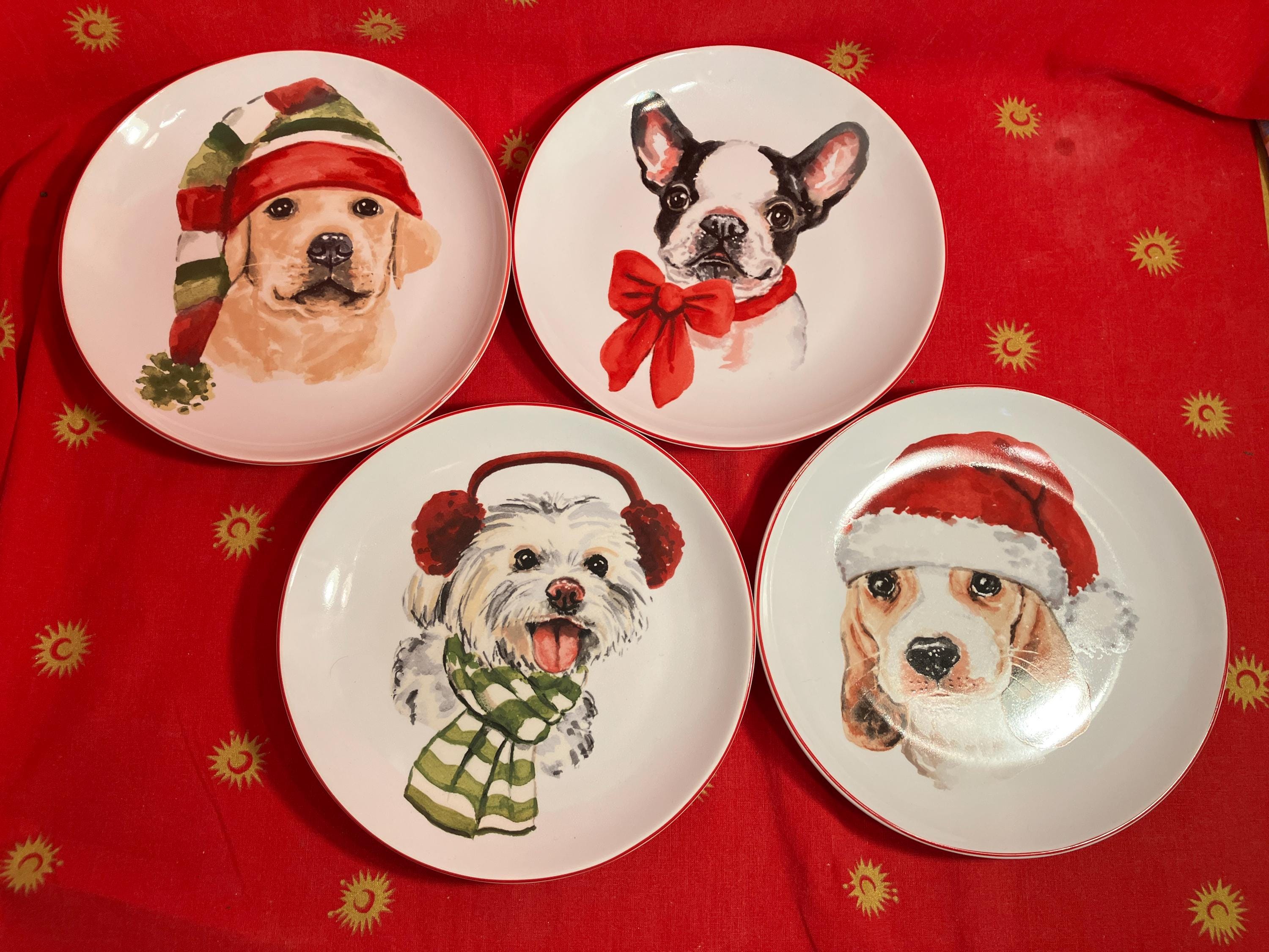 Pier1 Christmas Puppy Plates: Set of Holiday Dessert Plates