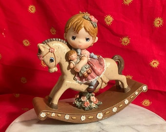 VTG Cute Girl on Rocking Horse Hand Painted