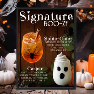 May include: A framed Halloween-themed drink menu with the text "Signature BOO-ZE". It features two cocktails: "SpiderCider" and "Casper". The "SpiderCider" is an orange drink with a spider graphic. The "Casper" drink is a white ghost-shaped drink.