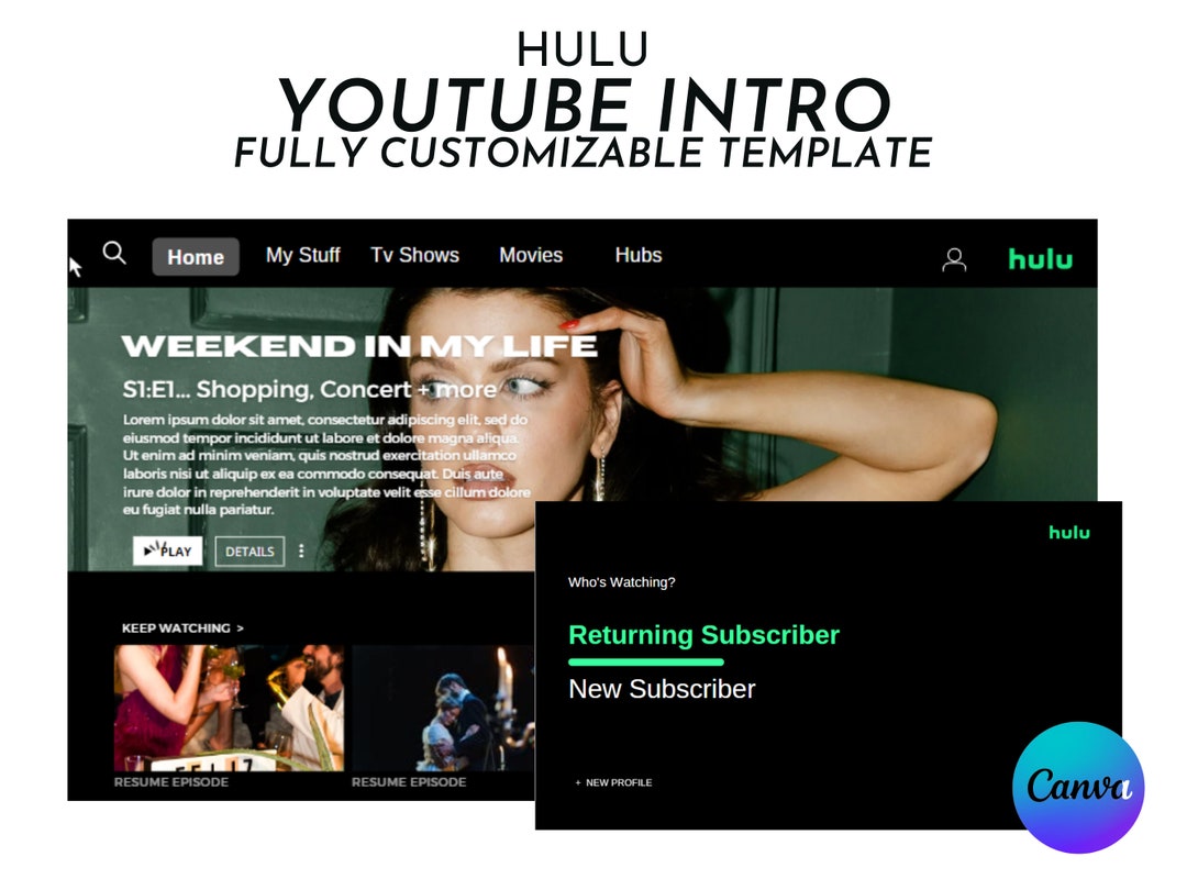 Hulu Youtube Intro Canva Template Fully Customizable Easy to Use Etsy