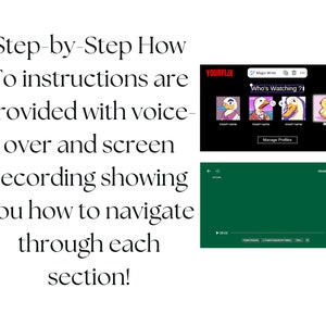 May include: The image shows a screen recording with the text "Step-by-Step How To instructions are provided with voice-over and screen recording showing you how to navigate through each section!" The screen displays a "Who's Watching?" menu with cartoon characters and a video interface.