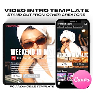May include: A tablet and smartphone display a video intro template with the text "VIDEO INTRO TEMPLATE STAND OUT FROM OTHER CREATORS". The tablet shows "WEEKEND IN MY LIFE" and the smartphone shows the same title. A pink "Canva" logo is visible.