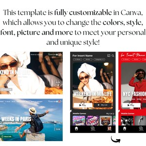 May include: A digital template for a mobile app interface, showcasing three different designs. The template is fully customizable in Canva, allowing users to change colors, fonts, and images. The designs include a travel theme and a fashion theme.