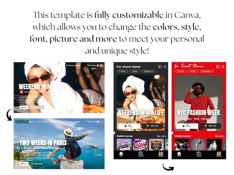 May include: A digital template for a mobile app interface, showcasing three different designs. The template is fully customizable in Canva, allowing users to change colors, fonts, and images. The designs include a travel theme and a fashion theme.