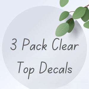 May include: A white circle with a light blue gradient background and the text "3 Pack Clear Top Decals" in black cursive font. A sprig of green leaves extends from the top right corner of the circle.