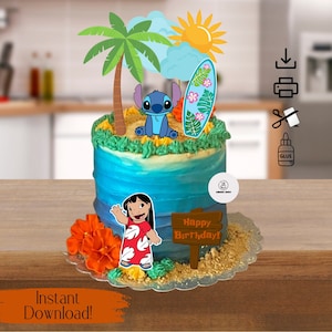 Topper per torte e cupcake ispirato alle Hawaii stampabile-DOWNLOAD DIGITALE-stampa da casa-include numeri 0-9-Li-lo e Topper stampabile Stitch