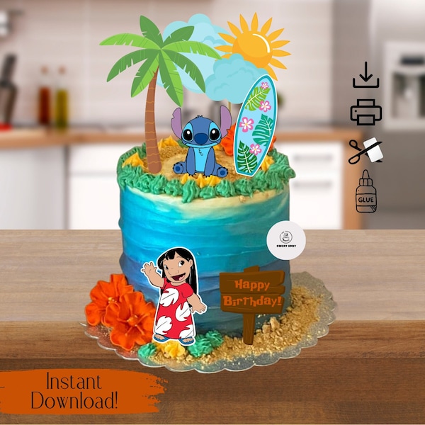 Printable Hawaiian Inspired Cake & Cupcake Topper-DIGITAL DOWNLOAD-Print From Home-Includes Numbers 0-9-Li-lo and Sti-tch Printable Topper