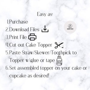 Pode incluir: Um fundo branco com texto preto que descreve as etapas para montar um topo de bolo. As etapas s&atilde;o: 1. Comprar, 2. Baixar arquivos, 3. Imprimir arquivo, 4. Recortar o topo do bolo, 5. Colar um canudo/espeto/palito de dente no topo com cola ou fita adesiva, 6. Coloque o topo montado em seu bolo ou cupcake como desejar! O texto &eacute; acompanhado de &iacute;cones para cada etapa.
