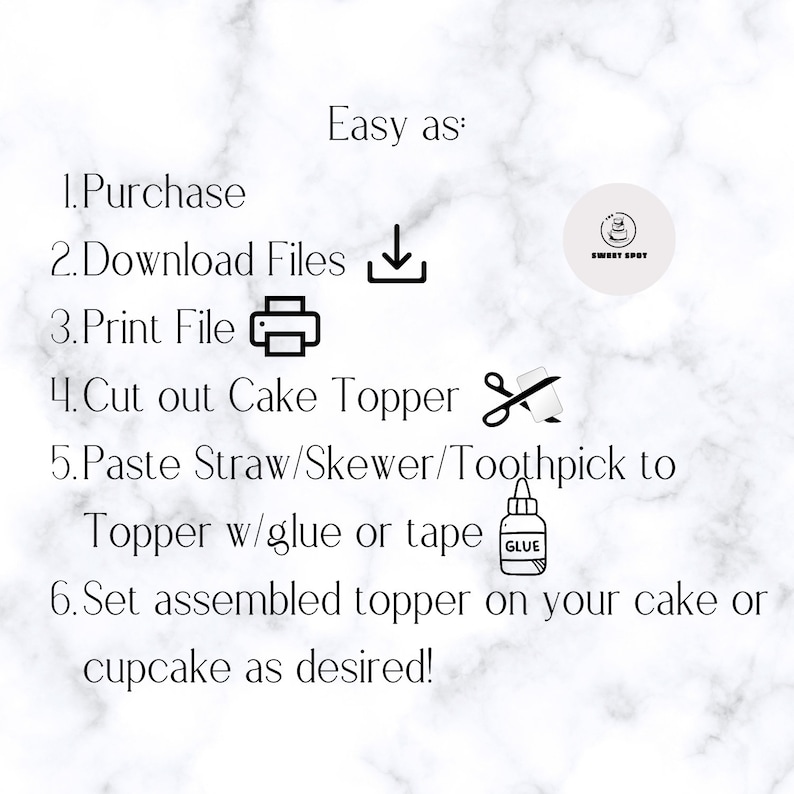 Pode incluir: Um fundo branco com texto preto que descreve as etapas para montar um topo de bolo. As etapas s&atilde;o: 1. Comprar, 2. Baixar arquivos, 3. Imprimir arquivo, 4. Recortar o topo do bolo, 5. Colar um canudo/espeto/palito de dente no topo com cola ou fita adesiva, 6. Coloque o topo montado em seu bolo ou cupcake como desejar! O texto &eacute; acompanhado de &iacute;cones para cada etapa.