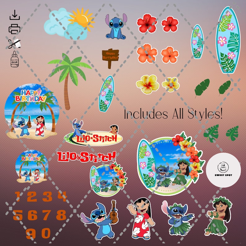 Pode incluir: Um conjunto de decora&ccedil;&otilde;es de festa imprim&iacute;veis com o tema Lilo & Stitch. O conjunto inclui uma variedade de imagens, incluindo os personagens de Lilo e Stitch, pranchas de surf, flores e n&uacute;meros. Tamb&eacute;m est&atilde;o inclu&iacute;dos os textos "Happy Birthday" e "Lilo & Stitch". O conjunto &eacute; perfeito para uma festa com tema havaiano.