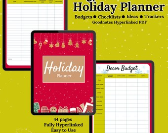 Puede incluir: Un planificador digital para las fiestas con una portada roja adornada con galletas de jengibre y adornos. El planificador incluye secciones para presupuestos de comidas, presupuestos de decoración, listas de verificación e ideas. El texto de la portada dice "Holiday Planner" y "44 páginas Totalmente hipervinculadas Fácil de usar".