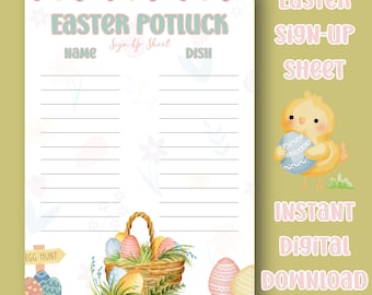 Peut inclure: Une feuille d'inscription pour un repas-partage de Pâques aux couleurs pastel. Le design comprend un panier d'œufs de Pâques, un poussin tenant un œuf et les mots "Easter Potluck" et "Sign-Up Sheet". Les mots "Instant Digital Download" sont également visibles.