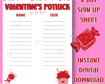 Valentines's Day Potluck Sign-up Sheet Printable, Potluck Sign-up Sheet, Work Potluck, Food Sign-Up Sheet, Party Signup Sheet