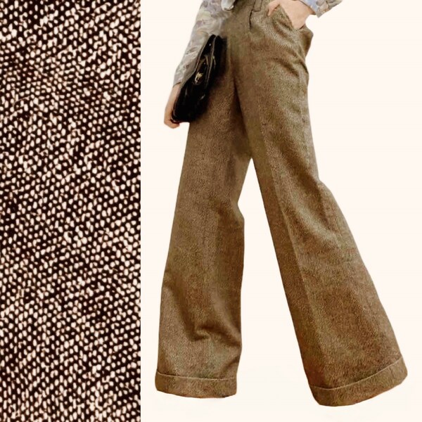 Vintage 70's Tweed Wide Leg Trousers Extra Long 1970s Minimalist High Waist Pants 29" Waist