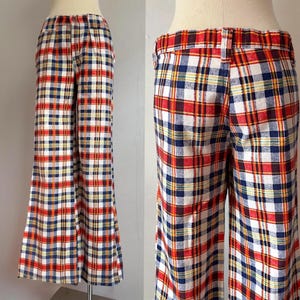 Vintage 70s Plaid Bell Bottoms 30” Waist Hiphugger Multicolored Flared Trousers