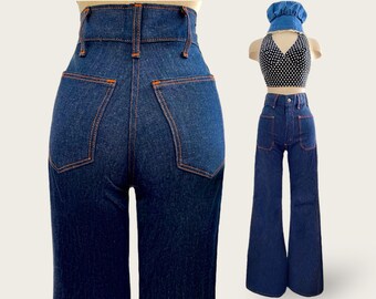 Vintage 70s Deadstock Sailor Bell Bottom Jeans Extra Long 1970’s Chamers Pants 24 Waist