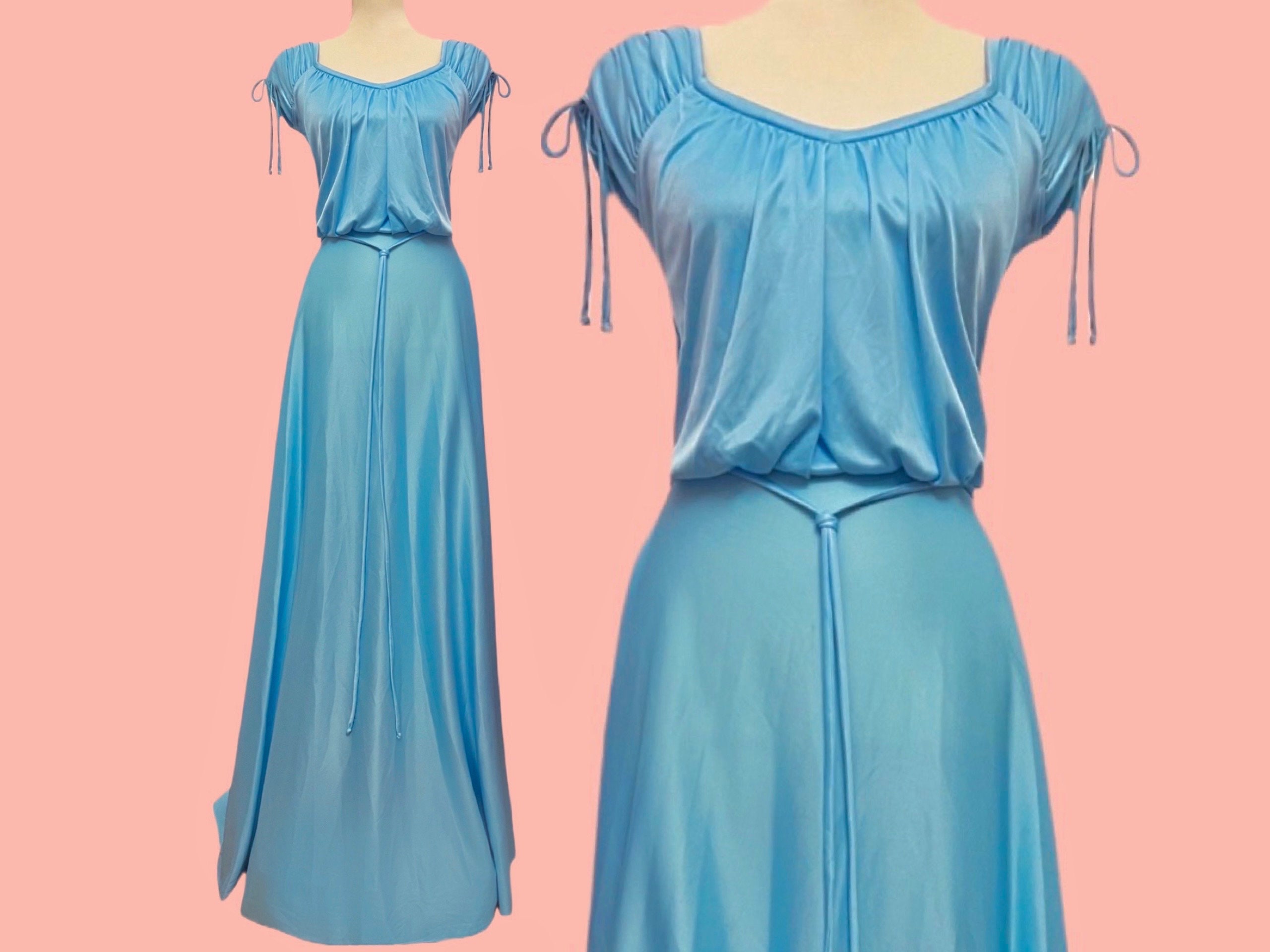 Vintage 70s Extra Long Formal Dress Large Blue Floor Length Etsy