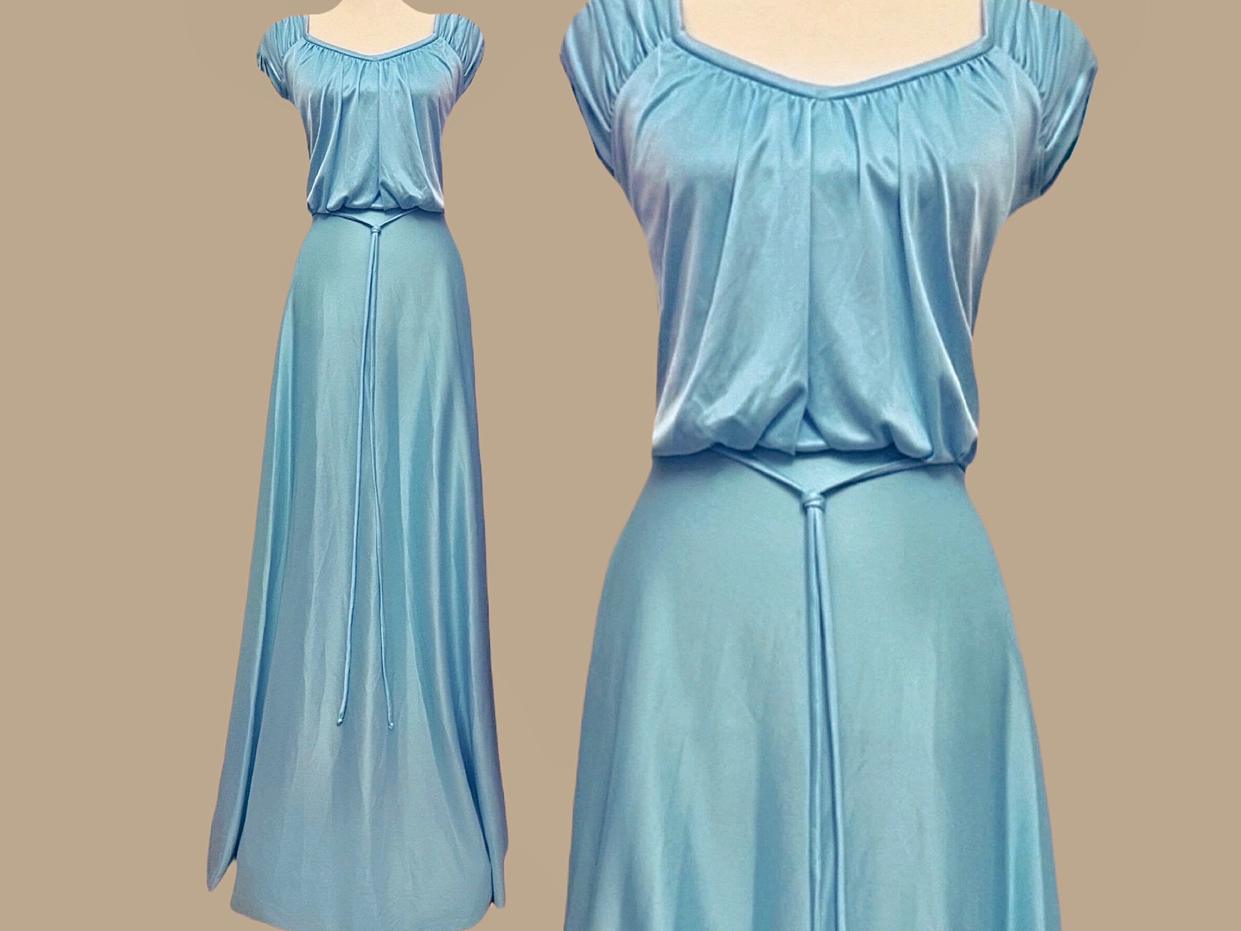 Sale Vintage 70s Extra Long Formal Dress Large Blue Floor Length Maxi